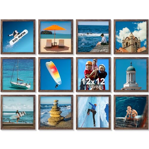 Vittanly 12x12 Picture Frames Set of 12 for Wall Mounting, Brown | Display Pictures 8x8 with Mat or 12x12 without Mat for Wall Mounting, Square Photo Frames for Home Decor, Engineered Wood - color: Brown, size: 12x12