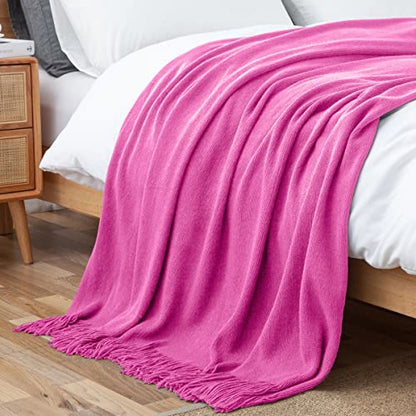 Vonty Hot Pink Knitted Blanket with Tassels Fringe 60" x 80", Super Soft Knit Throw Blanket, Farmhouse Decorative Lightweight Blanket for Couch, Sofa, Bed | Super Soft And Lightweight, Year-Round Cozy Warmth, Farmhouse Decorative Style, Machine Washable,