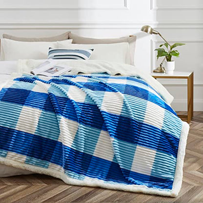 PU MEI Sherpa Blanket Twin Plaid Thick Bed Blanket, 60”*80” Super Soft Flannel Fuzzy Fleece Reversible Velvet Plush Warm Blanket for Couch (Blue Check, 60"*80") - color: Blue Check, size: 60"*80"