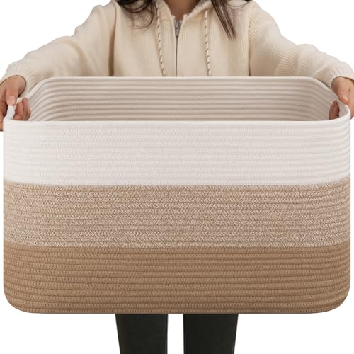 OIAHOMY Blanket Basket Laundry Basket Dog Toy Basket 75L Light Yellow | Large Storage Basket,Baby Basket,Toy Storage,Woven Rope Basket for Blankets,Blanket Storage for Living Room - color: Gradient Light Yellow, size: 22”x17”x12”
