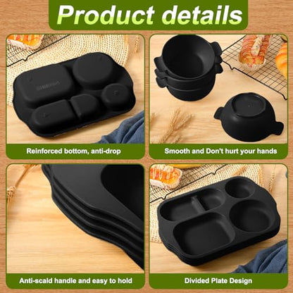 Honoson 24 Pcs Wheat Straw Dinnerware Cutlery Set, Service for 4, Unbreakable Plates and Bowls Set - Divided Plates, Bowls, Spoons, Forks & Knives, Microwave & Dishwasher Safe(Black) - color: Black