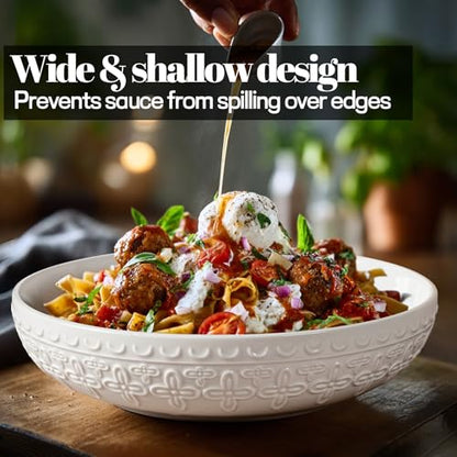 Pasta Bowls 32oz, Ceramic Large Salad Bowls 8 inch, White Embossed Soup Bowl Set of 4 for Entertaining, Serving, Dinner, Wide Shallow Microwave Dishwasher Oven Safe (Four-Leaf Clover) - color: Four-Leaf Clover