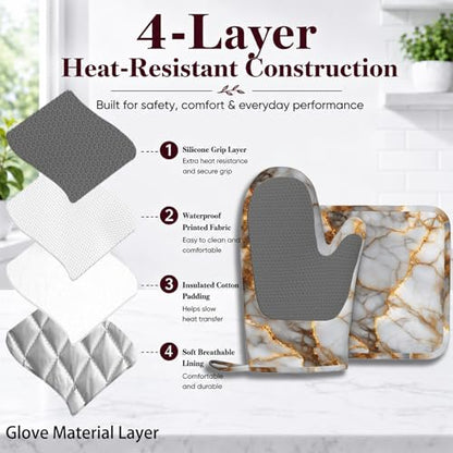 White Gold Marble Heat-Resistant Oven Mitts and Pot Holder Kitchen Non-Slip Silicone Cooking Microwave Gloves for Cooking Baking Grilling - color: White Gold Marble
