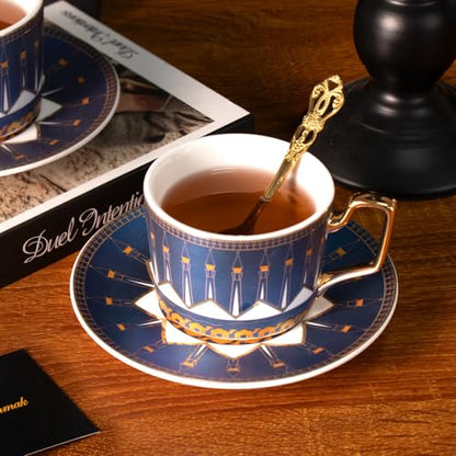 KAMMAK Tea Cups and Saucers Set of 2, Porcelain Coffee Cups, NX029 | Gold Rim, Stackable Espresso Mugs, Ceramic Demitasse for Coffee, Latte, Americano, Afternoon Tea, Elegant Gift for Women - size: 8CZNX029