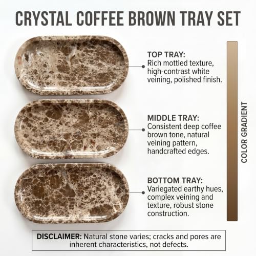 YKAJO Crystal Coffee Brown Oval Marble Tray, 11.8x5.9 Perfume Organizer | Honed natural stone; jewelry & trinket dish, ring & key holder, soap & candle catchall; bath counter, dresser, coffee table - color: Crystal Coffee Brown, size: 11.8" x 5.9" x 0.6"
