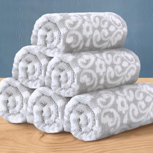 Gray Wash Cloths, Jacquard Washcloths 6 Pack 13"x13" - 100% Cotton | Quick Dry | Thick | Soft | Absorb, Luxury Face Towels for Bathroom & Showering, Jacquard Washcloth Set, Grey + White Damask Pattern - color: Silver and White, size: 6 PC Washcloth Set