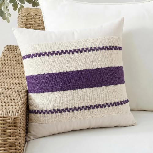 Fancy Homi Set of 1 Boho Purple Decorative Throw Pillow Cover 16x16 Inch for Couch Bed Sofa, Aesthetic Modern Organic Farmhouse Home Decor, Soft Cotton Cute Accent Macrame Woven Cushion Case - color: Purple, size: 16" x 16" (Pack of 1)