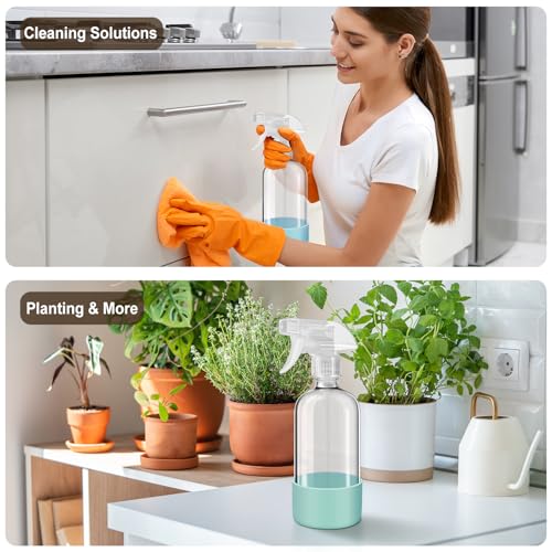 Glass Spray Bottles with Silicone Sleeves (2 Pack, 16 oz), Mist and Stream | Heavy-Duty Sprayer, Premium Glass, Leaks and Clogs Free, for Cleaning Solutions, Planting, Hair Spraying - Funnel Included