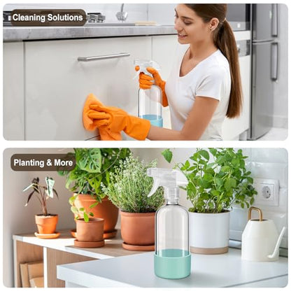 Glass Spray Bottles with Silicone Sleeves (2 Pack, 16 oz), Mist and Stream | Heavy-Duty Sprayer, Premium Glass, Leaks and Clogs Free, for Cleaning Solutions, Planting, Hair Spraying - Funnel Included