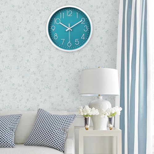 12 Inch Silent Non-Ticking Battery Operated Round Turquoise Wall Clock Easy to Read for Pool/Home/Office/School/Kitchen/Bedroom/Living Room Teal Clocks - color: Teal, size: 12 Inch