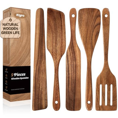 5 PCS Wooden Spatula Set, Natural Teak Wooden Spoons for Cooking, Nonstick Cookware Safe Kitchen Utensils Set, Durable & Elegant Cooking Utensils Gift Set