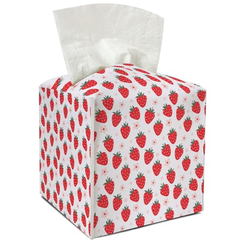 Strawberry Leather Tissue Holder with Bottom Belt Ideal for Women Housewarming Gift Cute Tissue Box Cover Bathroom Car Nightstand Vanity Kitchen Decor Waterproof Napkin Organizer Dispenser - FS721 - color: Pink 01