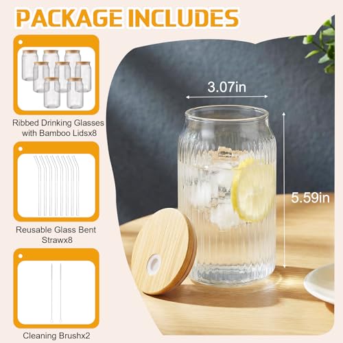 8 Pcs Fluted Glass Tumblers with Bamboo Lids and Straws 16oz Ribbed Can Drinking Glasses Beer Shaped Glasses Coffee Cups for Iced Coffee Cocktail Beer Tea Water Whiskey