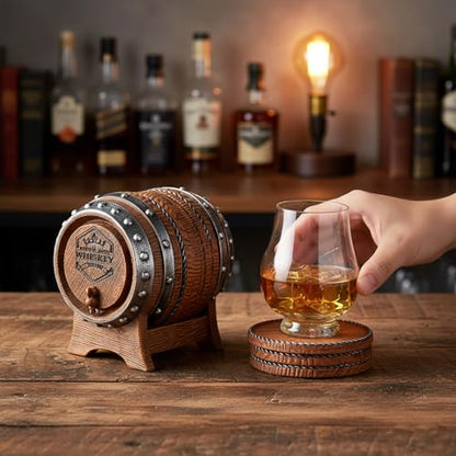 Whiskey Barrel Coasters Set 6 Full Size Non-Slip Cabin Decor Bar Coasters, for dad, Man Cave Gifts for Men and Whiskey Lovers, Rustic Handmade Cup Coaster for The Home - style: Whiskey Barrel-02