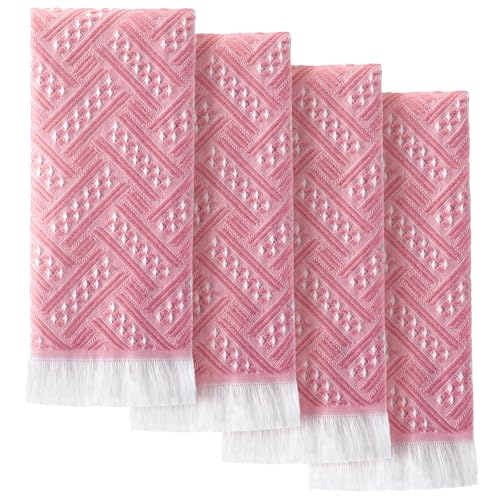 HunnmingRe 4 Pack Boho Hand Towel for Bathroom Kitchen 14x30 Inch 100% Turkish Cotton Summer Boho Decorative Towel Waffle Farmhouse Bathroom Decor Absorbent Soft Guest Gift(Pink,White) - color: Pink,white