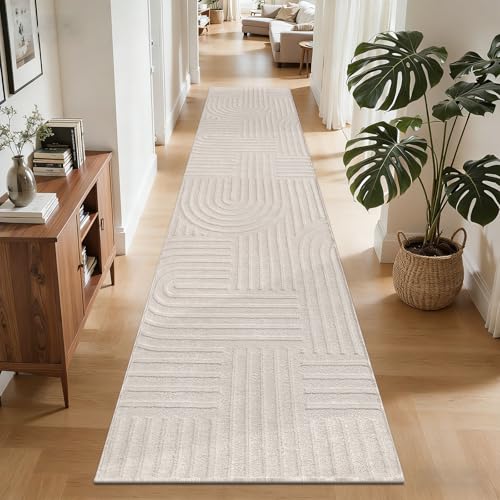 SHACOS Soft Cozy Fluffy Arch Pattern High-Low Pile Runner Rugs 2'x8' Non Slip Washable Scandinavian Minimalist Rug Runner Modern Geometric Carpet for Living Room Bedroom Bathroom Hallway, Beige - color: Beige, size: 2'x8'
