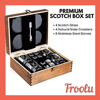 Personalized Whiskey Glasses Set in Wooden Gift Box - Includes 4 Scotch Glasses, 4 Natural Slate Coasters, 8 Chilling Stones & Tongs - Great Mens Home Bar Gift for Him, Husband, Dad
