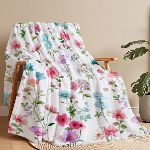 Wajade Floral Fleece Throw Blanket - Colorful Wildflowers Botanical Print Blanket Gifts for Women Soft Cozy Lightweight Throws for Bed Sofa Couch Decorative 60"x80" - color: Colorful Floral, size: 60"x 80"