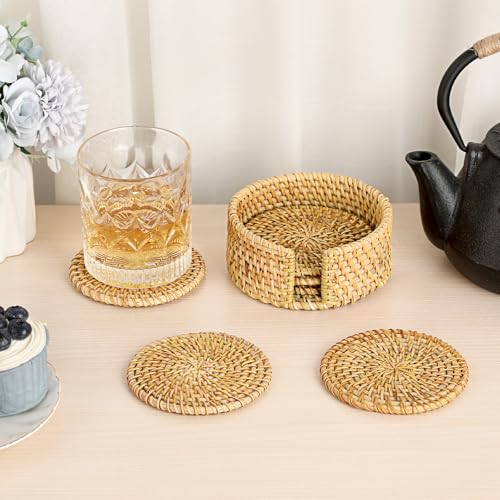 Drink Coasters Set of 6, Handwoven Rattan Coasters with Holder - Coaster for Coffee Table, Boho Cup Coaster for Home Decor Accents-Heat Insulation, 4 Inch(Natural Rattan) - style: Natural Rattan