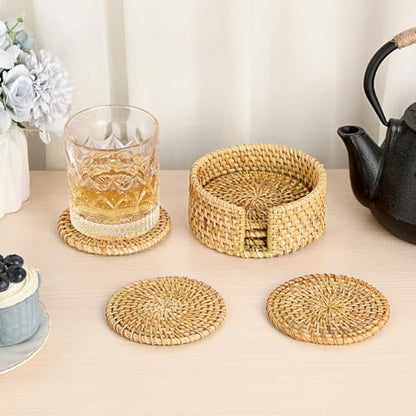 Drink Coasters Set of 6, Handwoven Rattan Coasters with Holder - Coaster for Coffee Table, Boho Cup Coaster for Home Decor Accents-Heat Insulation, 4 Inch(Natural Rattan) - style: Natural Rattan