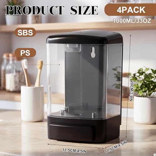 Hushee 4 Pcs Wall Mounted Soap Dispenser,33.8 Oz 1000 Ml,Clear | Manual Press, 1000ml 33.8oz Capacity Clear Window, For Restaurant Bathroom Kitchen Hotel, Liquid Soap Shampoo Dispenser - color: Clear, size: 33.8 oz 1000 ml