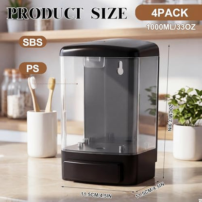 Hushee 4 Pcs Wall Mounted Soap Dispenser,33.8 Oz 1000 Ml,Clear | Manual Press, 1000ml 33.8oz Capacity Clear Window, For Restaurant Bathroom Kitchen Hotel, Liquid Soap Shampoo Dispenser - color: Clear, size: 33.8 oz 1000 ml