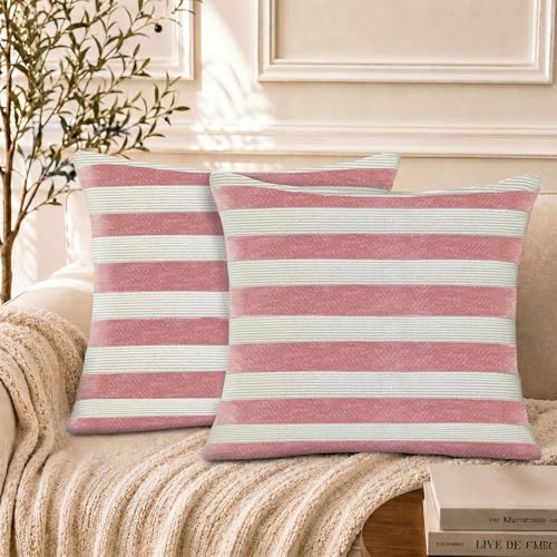 TEHALK Pink Stripes Pillow Covers 18x18 Set of 2, Boho Throw Pillows Cover for Couch/Bed/Sofa/Living Room, Pillows Cover Decorative - color: Pink, size: 18" x 18" (Pack of 2)