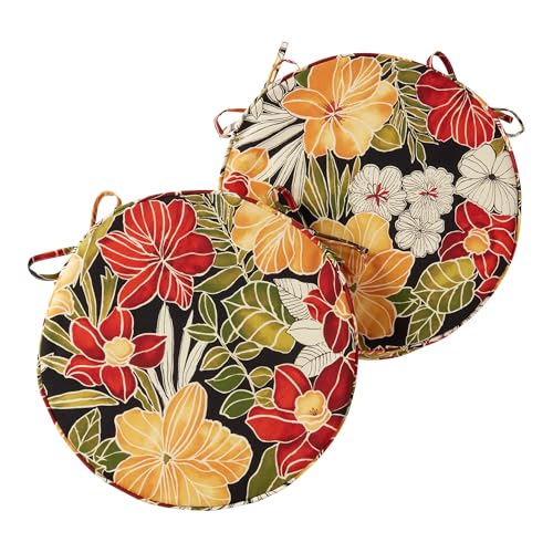 Set of 2 Outdoor 18 inch Round Patio Dining Chair Pads – Comfortable Fiber-Filled Seat Cushions with Ties, Reversible Polyester Fabric, Aloha Black Floral - color: Aloha Black Floral