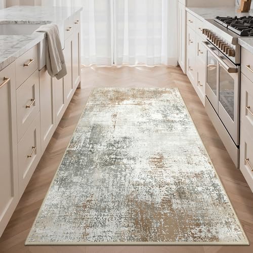 GENIMO Kitchen Rugs, Large Washable Non Slip Kitchen Mats for Floor | 48"x72", Beige Brown vintage abstract rug, soft faux cashmere, low pile, easy-clean for laundry, entryway, sink, farmhouse - color: Beige Brown, size: 48"X72”