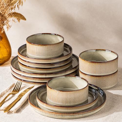 GBHOME Stoneware Dinnerware Sets for 4, 12 Pieces Plates and Bowls Set | Lightweight Ceramic Ribbed Dishes, Reactive Glaze Stackable Plate Set, Scratch Resistant, Microwave & Dishwasher Safe - color: Driftwood Taupe