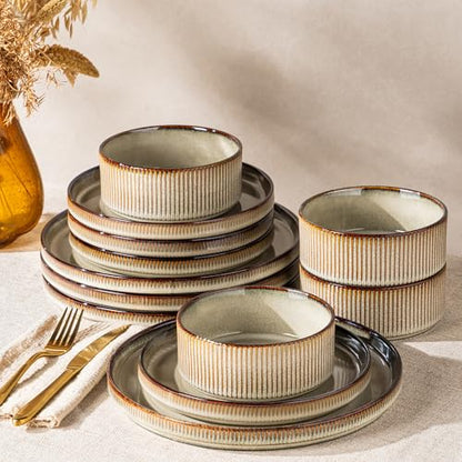 GBHOME Stoneware Dinnerware Sets for 4, 12 Pieces Plates and Bowls Set | Lightweight Ceramic Ribbed Dishes, Reactive Glaze Stackable Plate Set, Scratch Resistant, Microwave & Dishwasher Safe - color: Driftwood Taupe