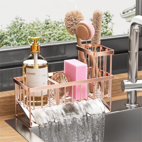 Cisily Sink Caddy Organzier with High Brush Holder, Sponge Holder for Sink, 304 Rustproof Stainless, Kitchen Countertop Soap Dispenser Organizer, Rose Gold Kitchen Decor and Accessories - color: Rose Gold, size: 9.25″