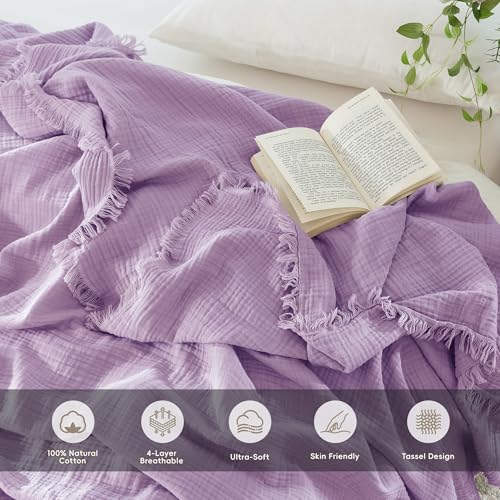 MooMee 100% Cotton Muslin Blanket, Fringed 4-Layer Gauze Bed Couch Throw | Soft Breathable Lightweight Thin Coverlet Summer Blankets for Adults, Bed & Couch All Seasons, Light Purple, 50" x 70" - color: Light Purple, size: Throw XL