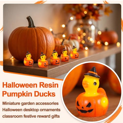 JUNEBRUSHS 50Pcs Mini Resin Ducks Halloween Tiny Pumpkin Ducks Figures | Yellow Ducks,Small Resin Animals,for Dollhouse Miniature Landscape Decor,DIY Crafts,Spooky Party Favor - style: Halloween Pumpkin Duck Style