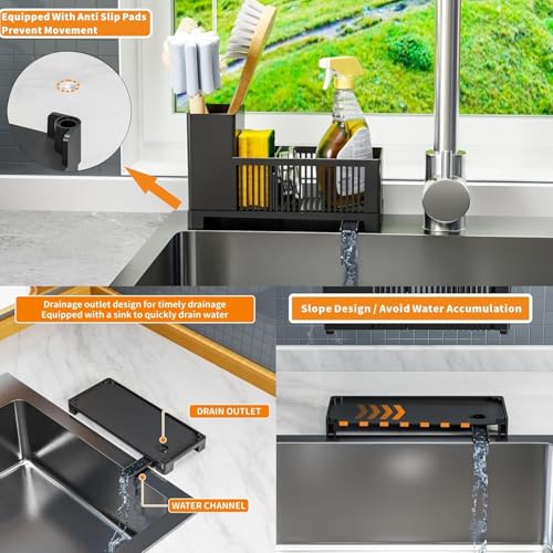 Sink Caddy & Kitchen Sink Organizer,Black Sponge Holder with High Scrub Brush Holder,Plastic Kitchen Countertop Organizer,Multifunctional Sponge Drain Rack,Dish Soap,Dish Sponge Holder,Soap Dispenser - color: Black