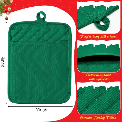 R HORSE 6 Pack Green Pot Holders for Kitchen with Pockets, 7''x 9'' | Cotton Kitchen Potholder, Heat Resistant Oven Mitts, Non-Slip Hot Pads Terry Cloth, Ideal for Cooking, Baking, Christmas Gift - color: Green