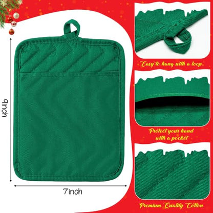 R HORSE 6 Pack Green Pot Holders for Kitchen with Pockets, 7''x 9'' | Cotton Kitchen Potholder, Heat Resistant Oven Mitts, Non-Slip Hot Pads Terry Cloth, Ideal for Cooking, Baking, Christmas Gift - color: Green