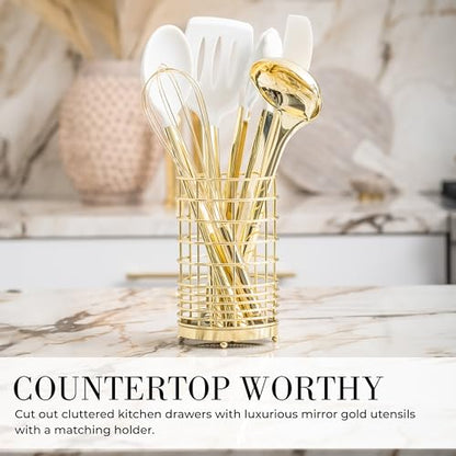 Styled Settings White and Gold Kitchen Utensils Set, 15-Piece | BPA free, Non-Scratch, Silicone Utensils Set Includes Measuring Cups and Spoons, White and Gold Kitchen Accessories - color: 15 Piece White & Gold
