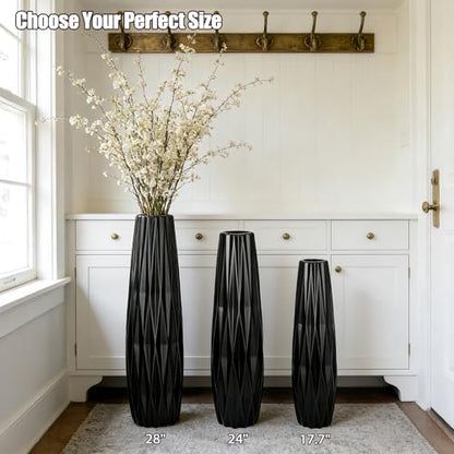 Black Tall Ceramic Floor Vase, 24 Inch, Ribbed Design | Matte Finish, Living Room, Fireplace, Entryway, Pampas Grass - size: 24 Inch