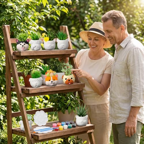 Hushee 12 Sets Ceramic Succulent Planters Paintable Succulent Plant Pots Small DIY Figurines Unpainted Pots with Drainage Hole Color Paints Paintbrushes Palettes - color: Dog