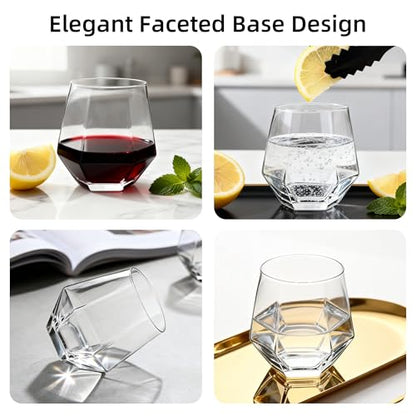 Stemless Wine Glasses Set of 12, 11 oz Diamond Wine Glasses | Geometric Glass Cups, Clear Glassware Tumblers for Red White Wine, Cocktail, Bourbon, Whiskey