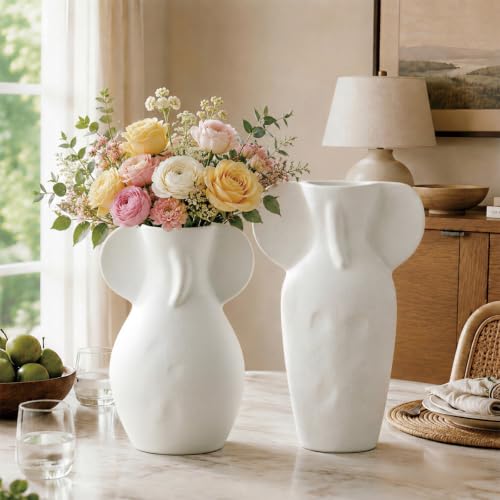 Modern Ceramic Body Vase Set of 2, Two Size Abstract Sculptural Flower Vases for Home Decor, Minimalist Nordic Decorative Vase for Living Room, Bedroom, Table and Shelf Decor- White - color: White