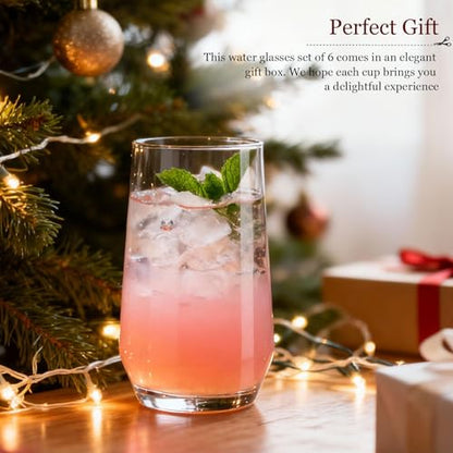 Drinking Glasses Set of 6, 16.4oz Highball Glasses, Crystal Clear Tall Water Glasses, Glass Cups for Cocktail, Juice, Iced Tea, Mojito and Smoothies, Clear Glassware Set, Gifts - size: Tall -16 oz