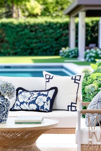 Hofdeco Premium Coastal Patio Indoor Outdoor Lumbar Pillow Cover Only, 12"x20" Water Repellent for Backyard, Couch, Navy Baby Blue Print Tropical Hisbucs Flowers - color: Navy Baby Blue Tropical Hisbucs Flowers 12"x20"