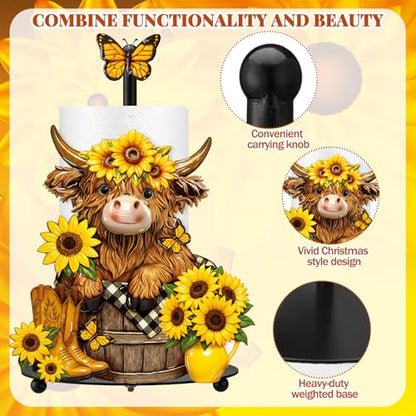 Summer Sunflower Highland Cow Paper Towel Holder Sunflower Floral Cattle Kitchen Bathroom Decor Farmhouse Metal Highland Cow Towel Holder Stand with Round Base for Home Countertop Accessories - style: Highland Cow