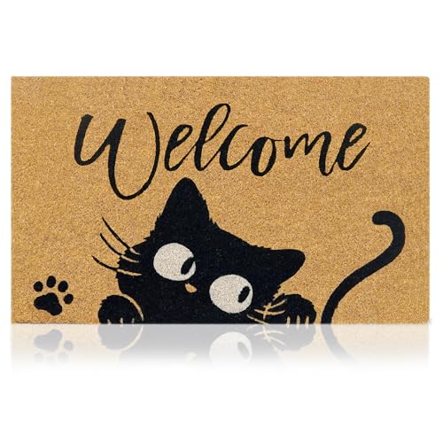 Coir Welcome Mat, Non-Slip, Welcome Cat, 17 x 29 in | 100% Natural Coir, Anti-Shedding, Durable PVC Backing, Traps Dirt and Mud, Indoor and Outdoor Entryway, Easy to Clean - color: Cat, size: 2'5" x 1'5" (Rectangular)