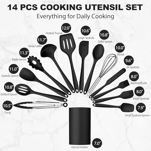 LIANYU 14 Pcs Silicone Kitchen Utensils Set with Holder, Black | 446°F Heat Resistant Silicone Cooking Utensils Spatula Set, Non-Stick & Dishwasher Safe Cooking Tools, Comfort Grip Handle - color: Black