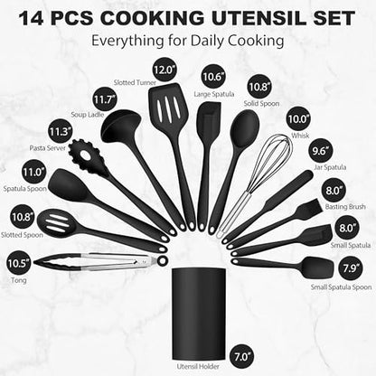 LIANYU 14 Pcs Silicone Kitchen Utensils Set with Holder, Black | 446°F Heat Resistant Silicone Cooking Utensils Spatula Set, Non-Stick & Dishwasher Safe Cooking Tools, Comfort Grip Handle - color: Black