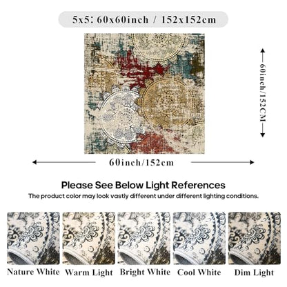 Washable 5x5 Square Area Rug: Red Soft Non-Slip Mandala Stamped Dining Room | Abstract Indoor Kitchen Entryway Thin Low Pile Stain Resistant Carpet Bedroom Accent Nursery Play Room Office 5ft Red Green - color: Red/Green/Multi, size: 5' x 5' (Square)