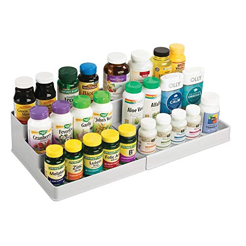 mDesign Plastic Expandable 3-Tier Shelf Rack Organizer - Storage for Bathroom Vanity, Cabinet, Cupboard, Drawer - Holds Medicine, Vitamins, Supplements, Cosmetics - Ligne Collection - Light Gray - color: Light Gray